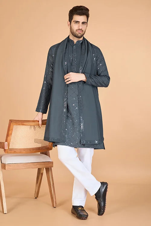 Designer Grey Sequence Embroidered Gents Kurta