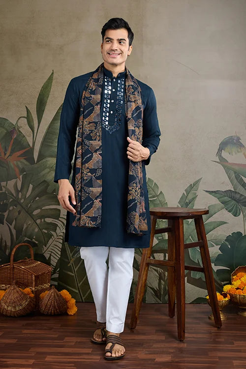 Teal Blue Viscose Rayon Kurta with Mirror Work