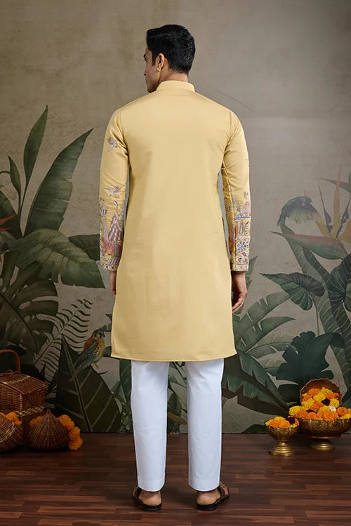 Yellow Viscose Silk Mens kurta for haldi ceremony