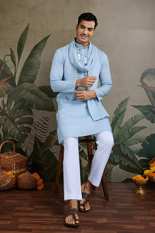 Sky Blue Designer Men's Kurta with Real Mirror Work