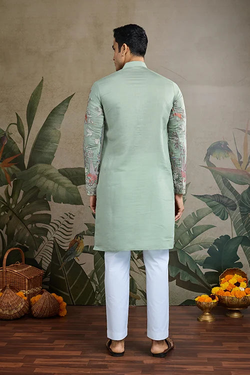 Premium Pista Green Viscose Silk party wear kurta for men