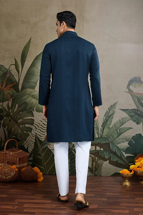 Teal Blue Viscose Rayon Kurta with Mirror Work