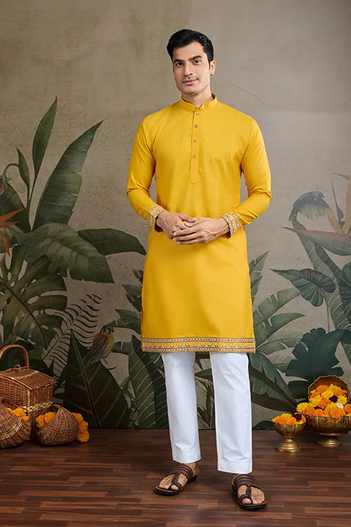 Designer Yellow Cotton Kurta with Koti Jacket Online