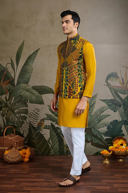 Latest Yellow Silk Kurta with Swarovski Koti Jacket for Men’s